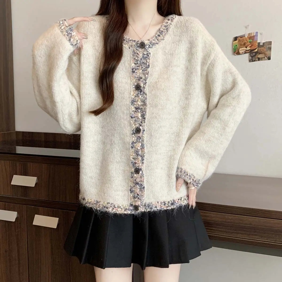 Pailletten-Strickjacke für Damen, Herbst und Winter, lockeres Schlankheitsoberteil