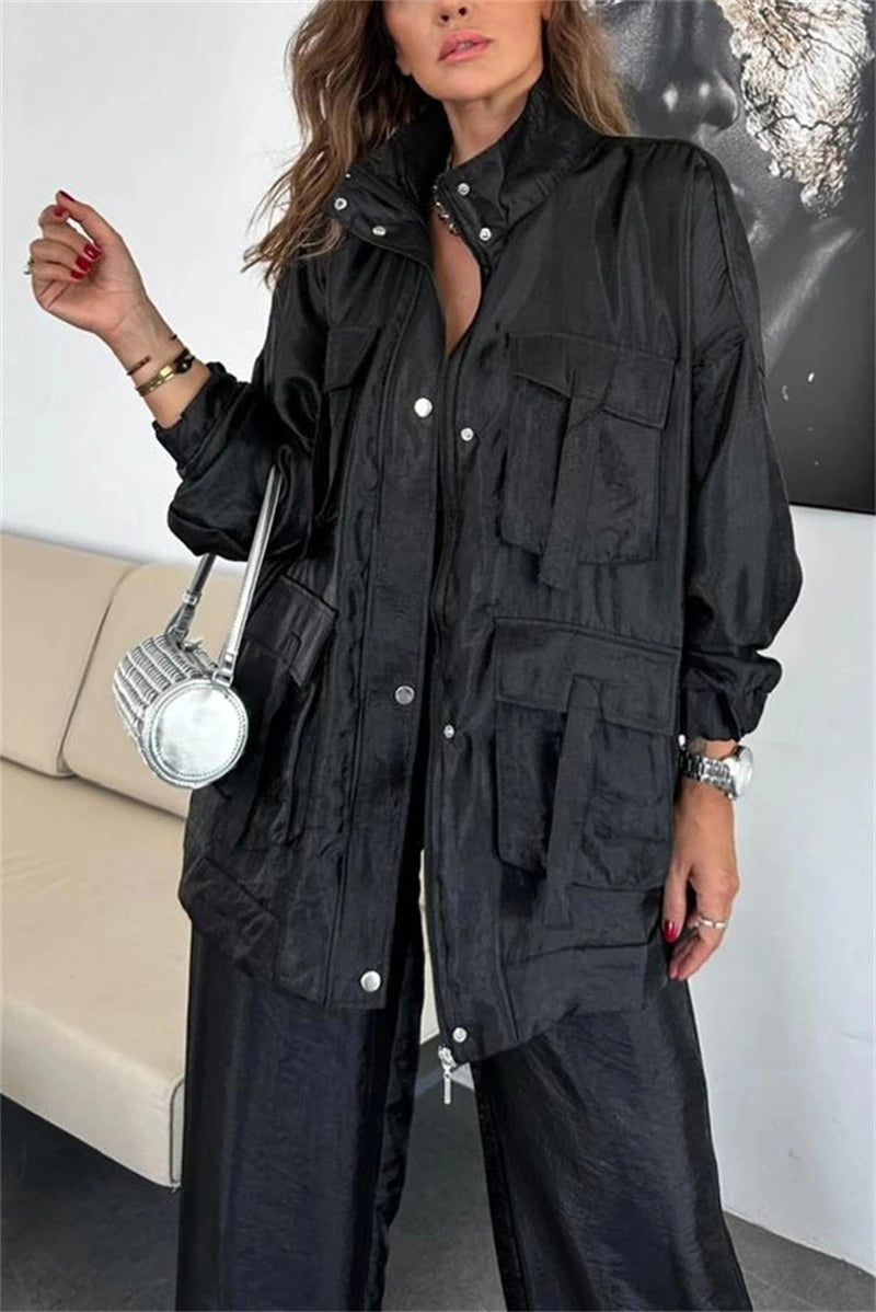Streetwear 2 Piece Sets Women Outfit Spring Clothes Women 2025 Solid Pocket Jacket Top and Pant Sets Safari Style Tracksuits Set.