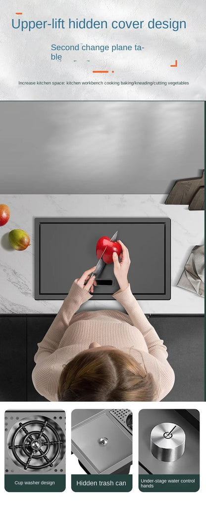 Multifunctional Nano Stainless Steel Kitchen Sink with Cover Plate, Thickened Single Basin Island Table Sink 88*51*22CM