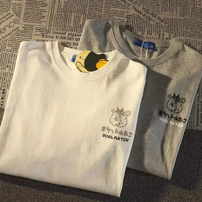 Sommer Japanische Retro Tasche Katze Cartoon Gedruckt Kurzarm T-shirt Männlich Weiblich Paare Unisex College Stil Übergroßen Top