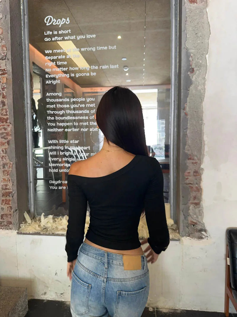 Women's One Shoulder Long Sleeve Fitted Top Elegant Casual Style.