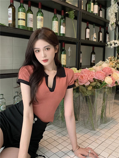 Jielur Spell Color Polo Knitting Women's Blouses Slim Sexy Short Sleeve Summer New Casual Female Blouse Chic Simple Office Lady.