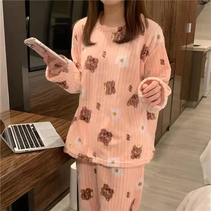 Winter-Damen-Pyjama-Homewear-Anzug, neues warmes Set aus Korallen-Fleece für Herbst und Winter, bequemer warmer Pyjama-Homewear-Anzug