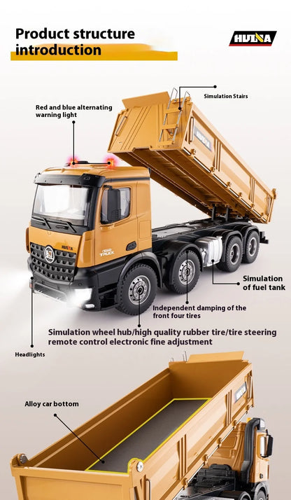 Huina Large 50Cm Rc Dump Truck 1536 12Ch 1/14 Alloy Remote Control Engineering 8Wheel Heavy-Duty Dump Truck Cargo Model Boy Gift.