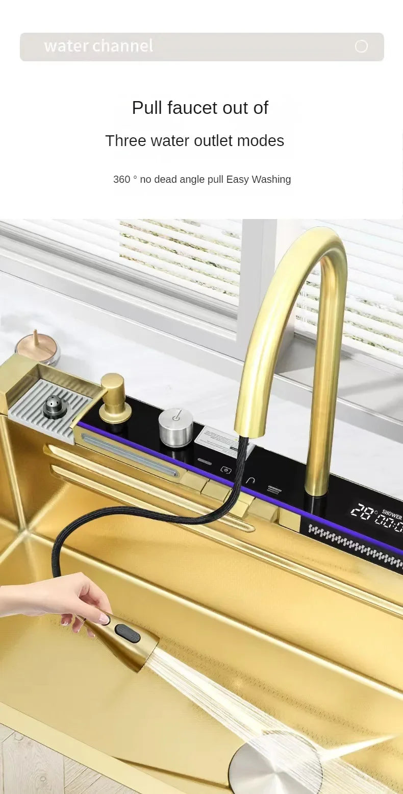 Gold Kitchen Sink Stainless Steel Sink Digital Vegetable Washing Basin, Atmosphere Light, Kitchen Large Single Sink 75cmX46cm