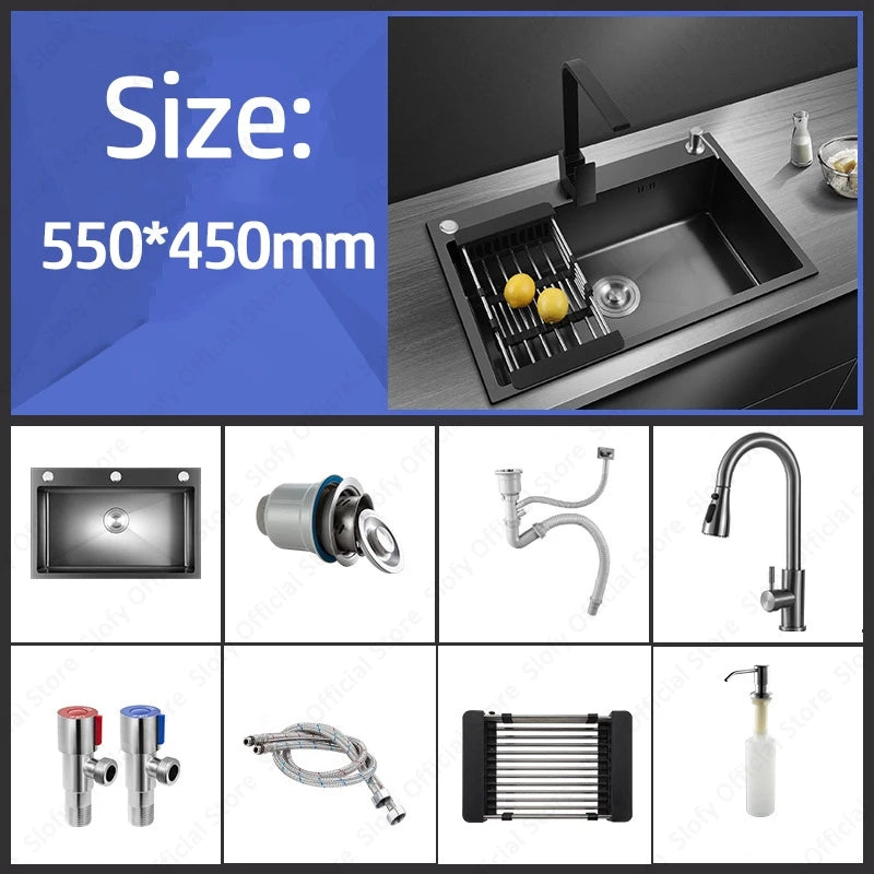 Schwarzes Nano-Waschbecken, einzelnes Waschbecken, kreative Küchenspülen aus Edelstahl, Abflussset für Zuhause, handgefertigtes Waschbecken, Küchenzubehör