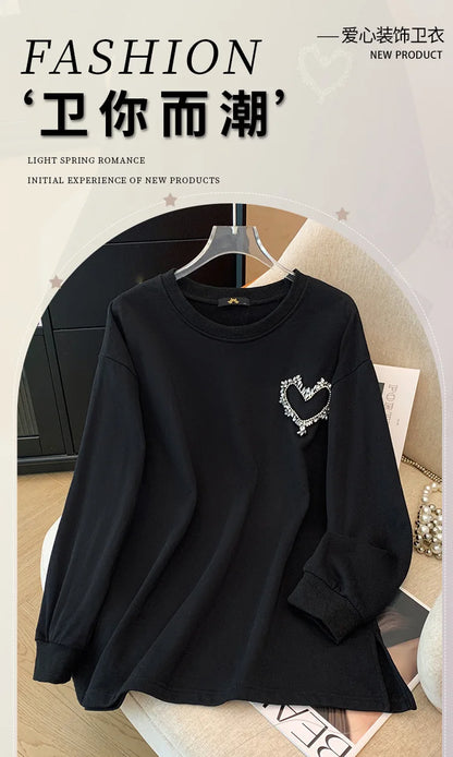150 kg Übergröße Damen Büste 155 Frühling Herbst Lose Sweatshirt mit hellem Diamantherz Schwarz 5XL 6XL 7XL 8XL 9XL