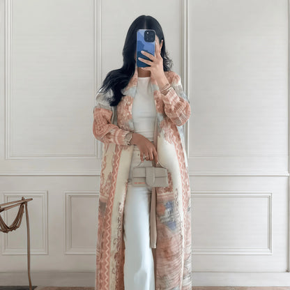 Langer Herbstmantel für Damen, Retro-bedruckt, langärmelig, muslimisches Abaya, Saudi-Mode, faltiger Taillengürtel.