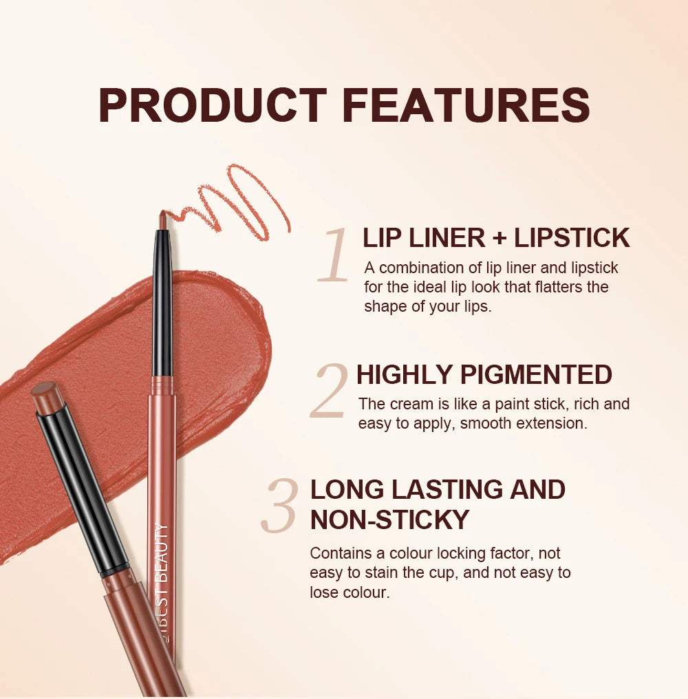 QIBEST 2pcs Lipstick Lipliner Pen Set Matte Nude Lip Liner Pencil Waterproof Long Lasting Lipstick Pen Contour Makeup For Women.