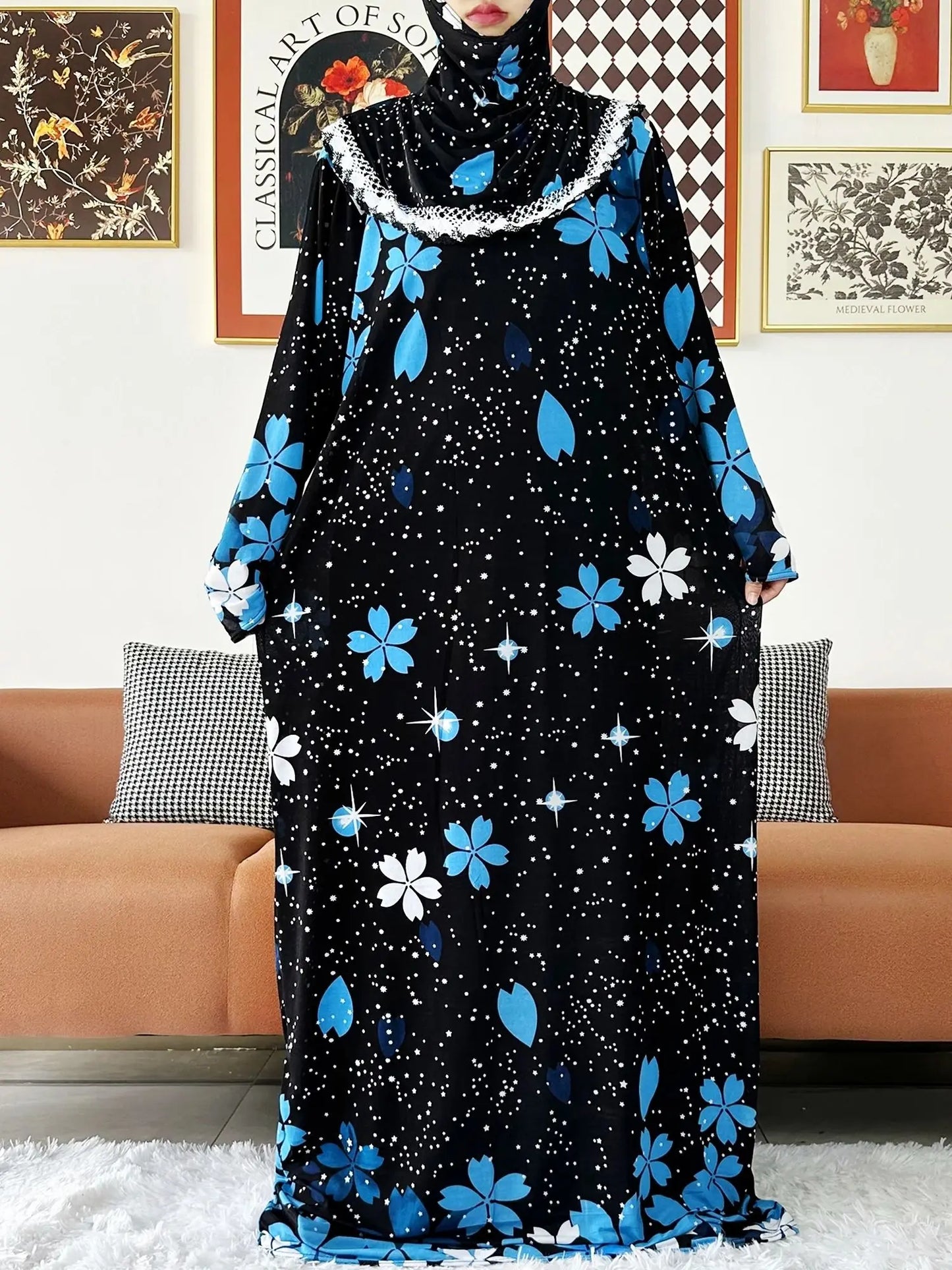 2023 Muslim Solid Cotton Abaya For Women Ramadan Prayer Garment Joint Hat Dubai Turkey Middle East Femme Robe Floral Loose Dress