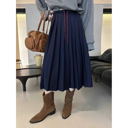 Autumn Women's Solid Color High Waist Pleated A Line Long Skirt Korean Fashion College Style Drawstring Lace-up Skirt 2024 Trend.