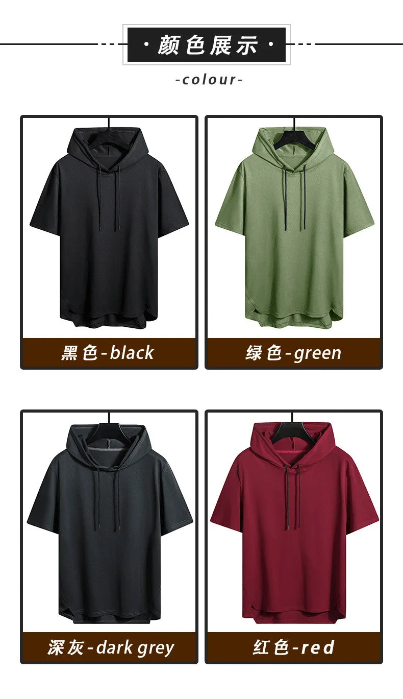 2025 Men's Summer Hoodies T-shirts Short Sleeve Solid Color Loose Hooded Drawstring Pullover Tops Basic Tees for Daily Wear Male.