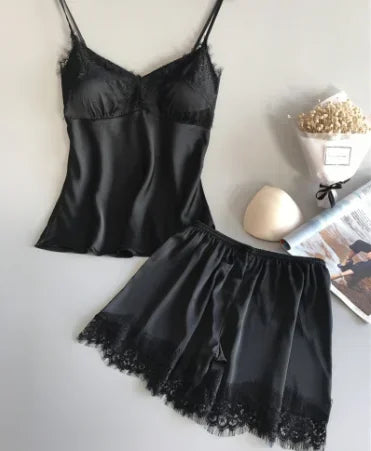 Frauen Eis Seide Pyjama Anzüge Mode V-ausschnitt Spitze Stretch Satin Nahtlose Sexy Dessous Homewear Pyjamas Shorts Set Nachtwäsche Neue.