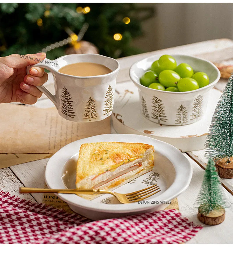 1PC Exquisite Christmas Tableware Ceramic Plates Fruit Salad Plates Breakfast Milk Mugs Household Kitchen Ceramic Noodle Bowls.