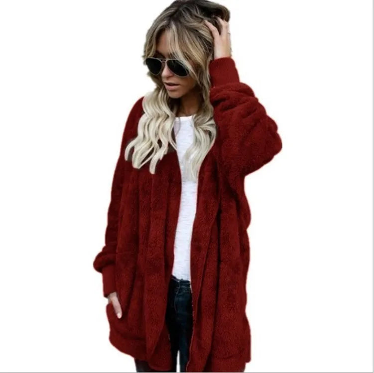 Herbst Winter Doppel Fleece Strickjacke Jacke Frauen Einfarbig Langarm Plüsch Warme Mit Kapuze Dame Jacke Übergroßen Oberbekleidung Mantel