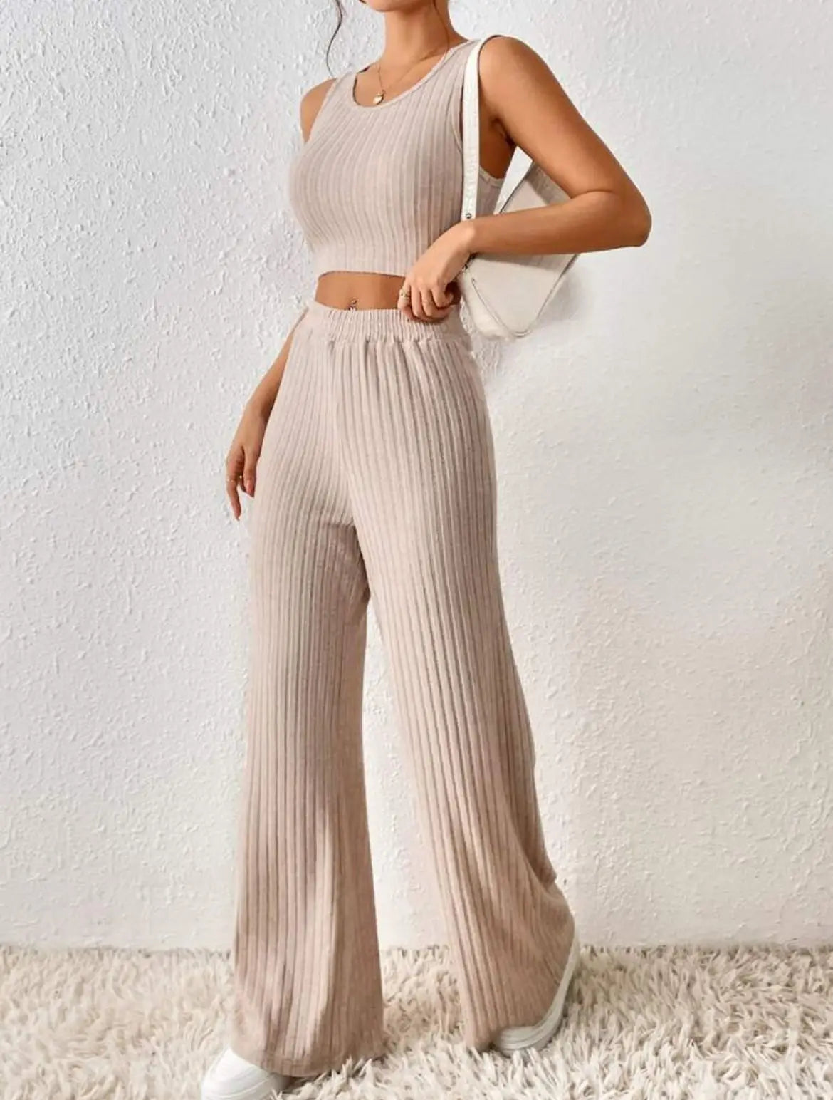 New Spring Solid Color Fashion Casual Knitted Cotton Waist Sleeveless Tank Top High Waist Pants Set For Women's Clothing