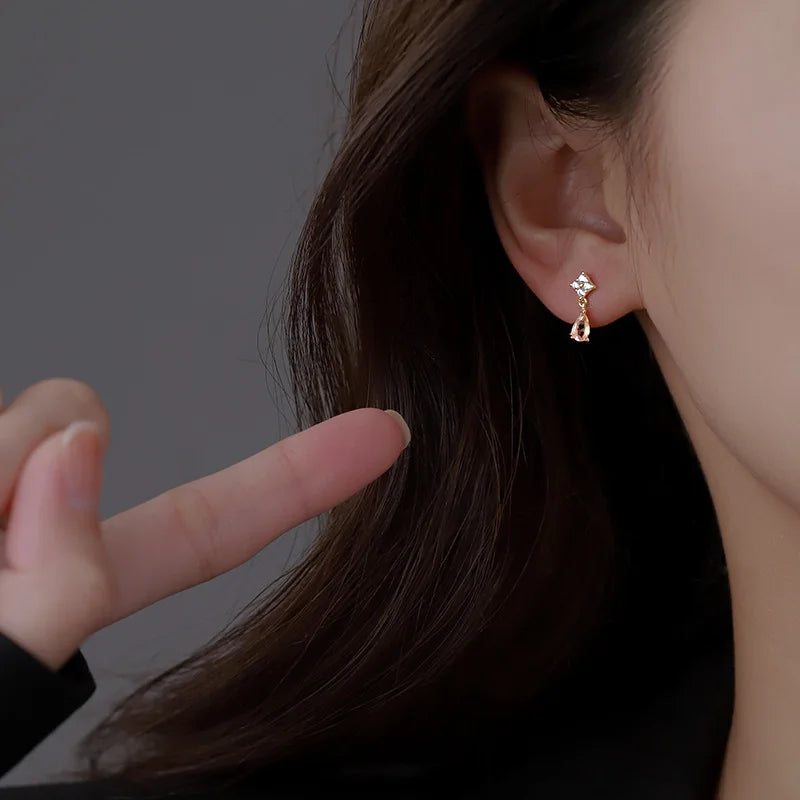 Korean Cute Ear Piercing Water Drop Earrings for Women Crystal Short Tassel Hypoallergenic Female Earrings Party Jewelry Brincos.