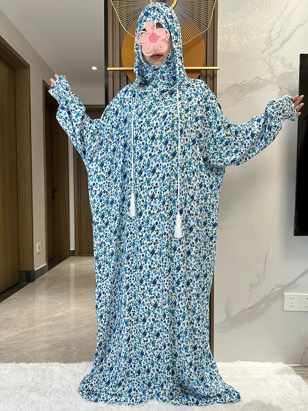 New Ramadan Muslim Two Hats Abaya Dubai Turkey Islam Prayer Clothes Floral Cotton Long Dress Islam Women Dress Kaftan