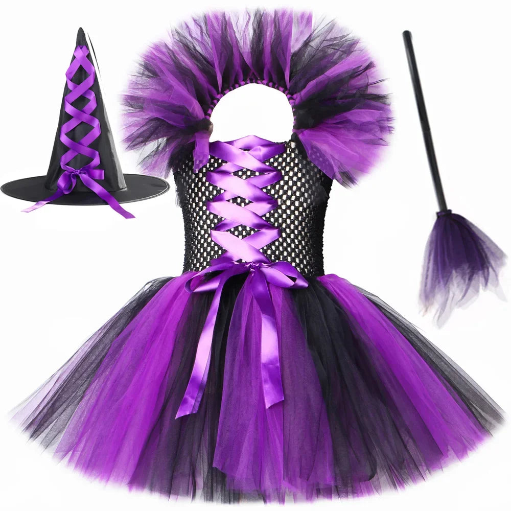 Halloween Malefice Kostüm für Kinder Karneval Party Kleidung Set Hexe böse Königin Cosplay Kostüm für Mädchen Phantasie Tüll Tutu Kleid.