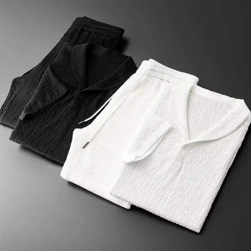 Summer Lightweight Pleated Cotton Casual Sports Set Men's Thin Comfortable Breathable Fashionable Collar Short Sleeve Two-Piece.