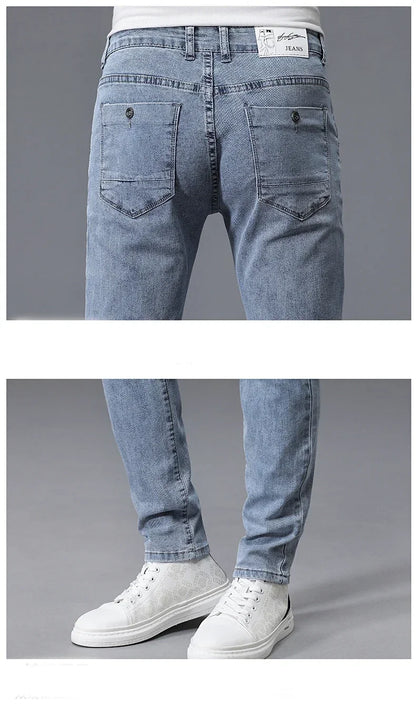 2024 New Men's Skinny Jeans Blue Gray Cotton Elasticity Straight Pencil Foot Slim Fit Fashionable Casual Denim Long Pants Male