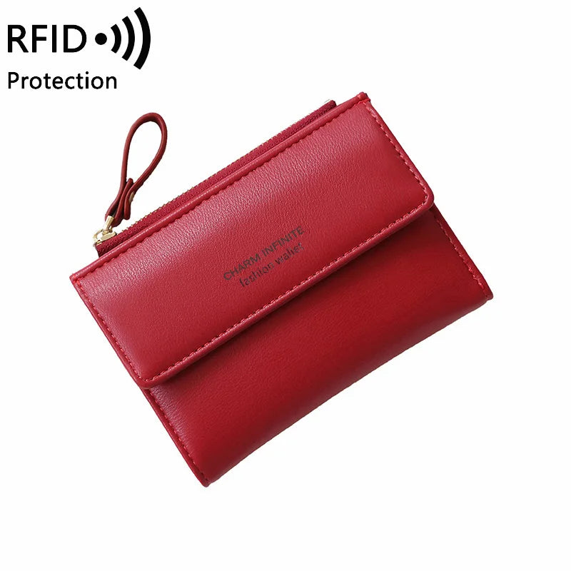 RFID Anti-Theft Short Card Bag for Women, Brush, PU, Solid Color, Zipper Buckle, Multi-functional Fashion, Small Purse