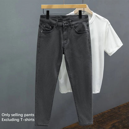 White Jeans Men's Slim Straight Ankle-length Soft Comfort Elastic Denim Trousers Fashion Korean Basic Casual Pencil Pants.