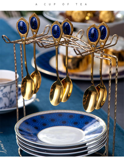 Elegant Cup and Saucer Set Bone China Sugar Jar Milk Jug Coffee Pot Set Cyan Magnolia Home English Mug Teaset Dessert Plate.