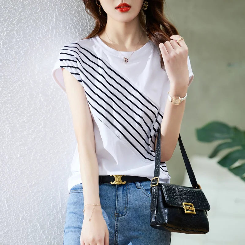 Color Block Striped Slimming T Shirt Women Casual Short Sleeve Top.