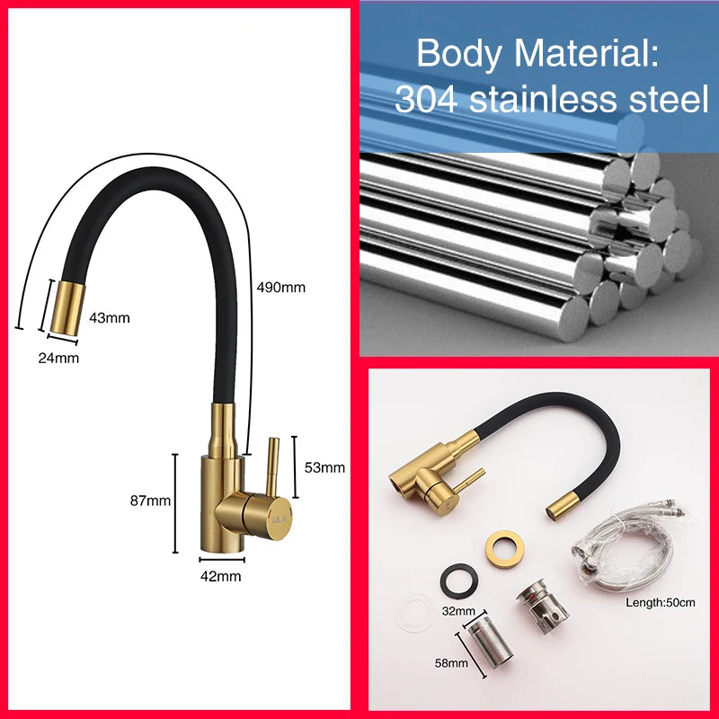 ULA Gold Kitchen Faucet Stainless Steel Flexible Spout Kitchen Sink Faucet Hot Cold Water Sink Mixer Tap 360 Degree Rotate Crane