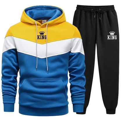 Mens Tracksuit King Printing Sports Suit Sports Hoodie+Pants 2 Piece Suit Casual Sweatshirt Suit Jogging Men's Splicing Clothing.