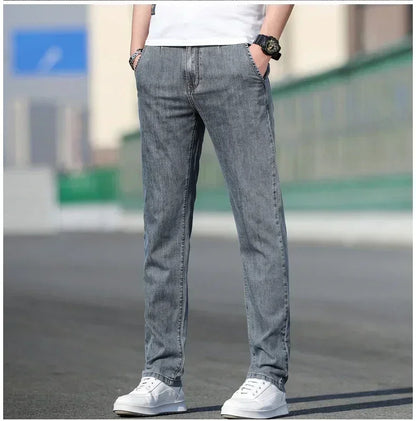 Thin Men's Baggy Soft Casual Jeans Gray Summer Fashion Versatile Comfortable Stretch Straight Casual Jeans Light Blue Male.