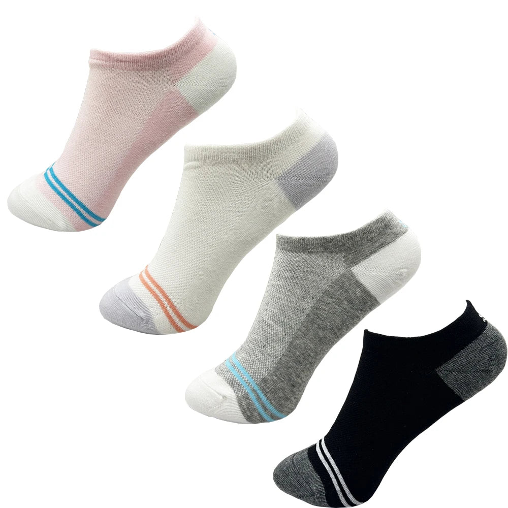 4 Pairs Cotton Women's Boat Socks No Show Socks Set for Lady White Invisible Cotton Socks Pack Pink Black Breathable Summer
