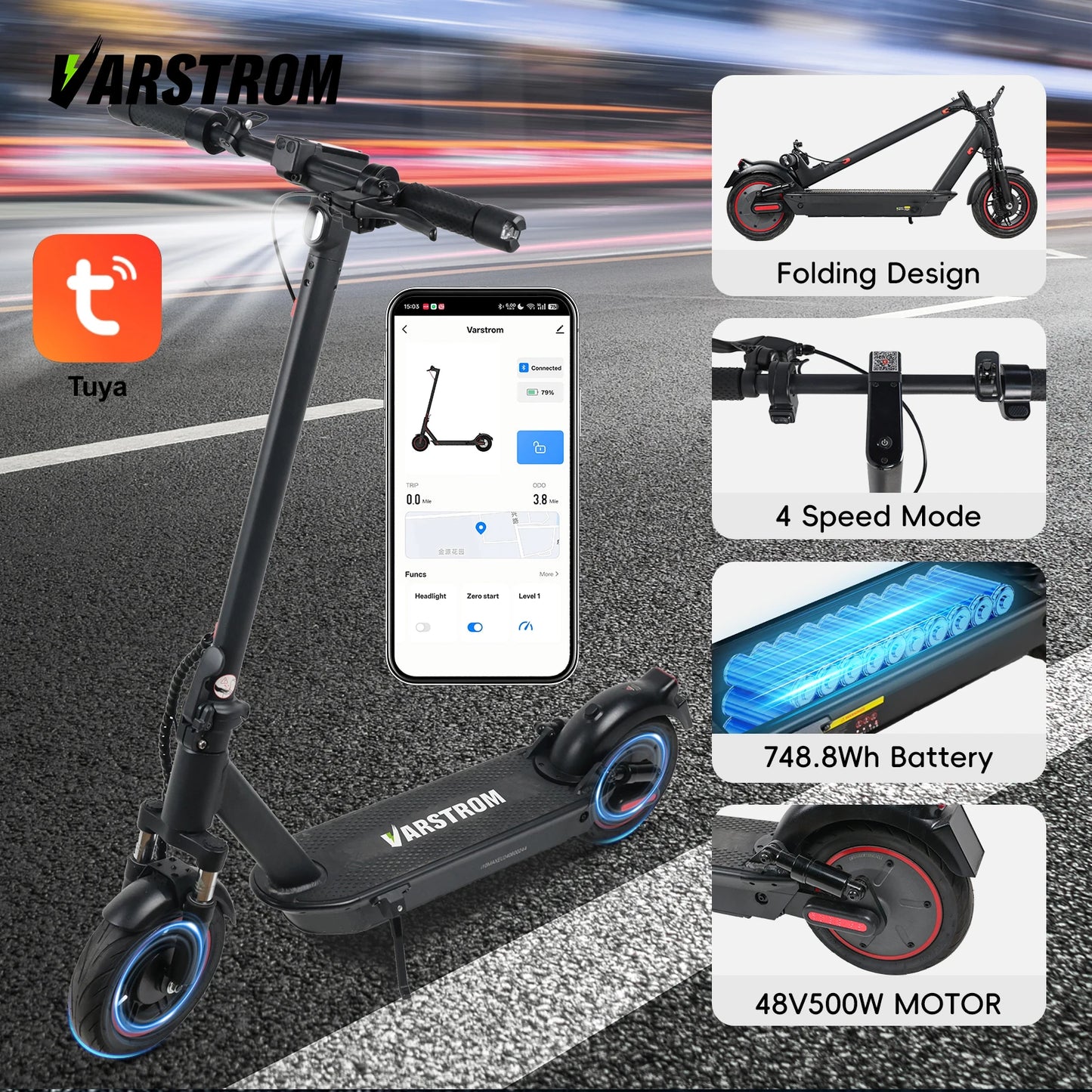 Scooter Electric Scooter Peak 1000W 48V 15.6Ah Li-ion Cell Powerful Foldable Electric Kick Scooter 10" Smart Display Support APP.