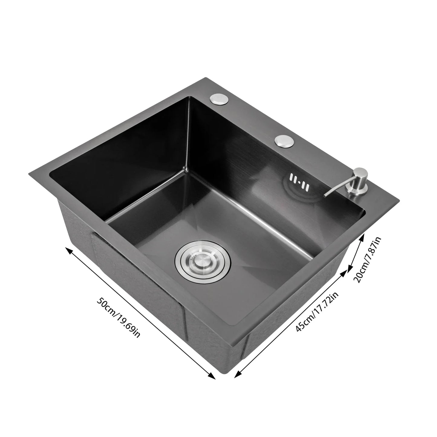 Stainless Steel Sink Kitchen Single Bowl Sink 50 x 45 cm Matte Black with Pipe & Soap Dispenser