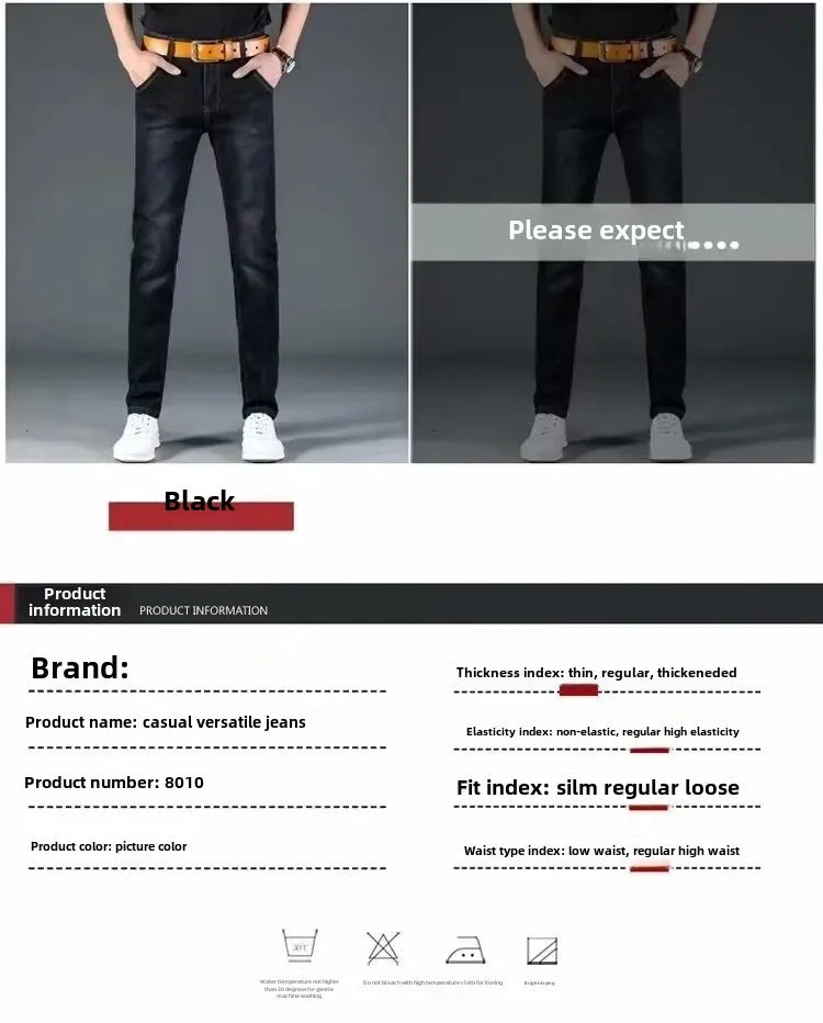 Summer Men's Stretch Jeans Straight-Leg Loose-Fit Business Casual Versatile Long Pants Lightweight Wear-Resistant.