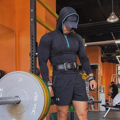 Men's Quick Dry Breathable Slim Fit Elastic Hooded Zipper Long Sleeve Fitness T-Shirt for Gym Sports Casual.