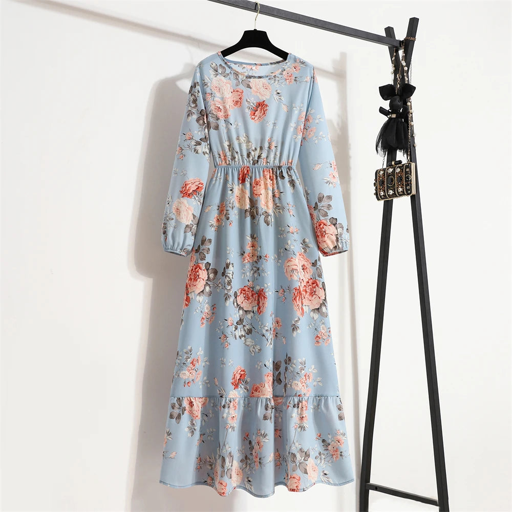 Frühling Sommer Frauen Maxi Kleider Casual Volle Hülse Floral Gedruckt Oansatz Frau Bohe Strand Party Lange Kleid Mujer Vestidos