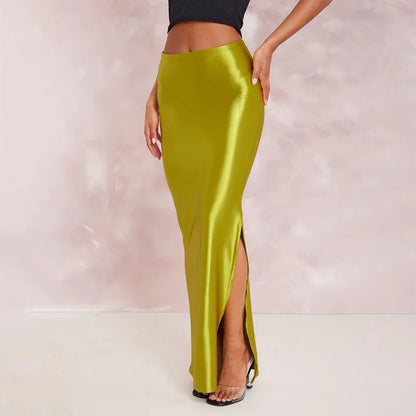 2025 Autumn Stain Long Solid Color Skirt Women Elegant High Waist Side Split Maxi Skirts Party Sexy Clothes for Female.
