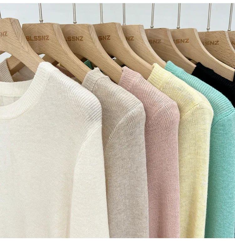 Spring  Basic O-Neck Slim T-Shirt Women Solid Multi Color All-Match Trend Casual Top Screw Knit Long Sleeve Elastic Office Lady.