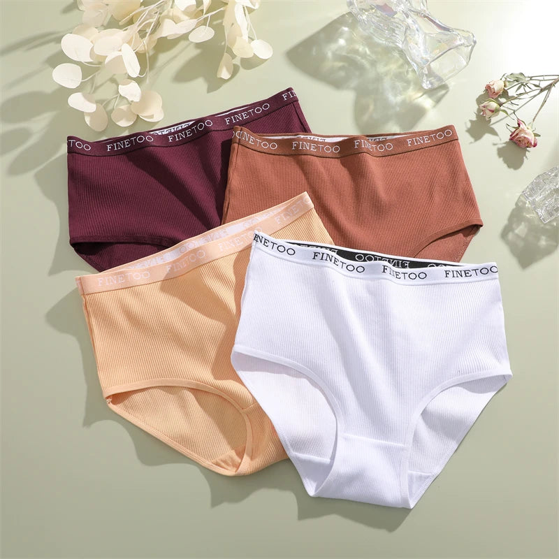 4Pcs/Set Women's Ribbed Striped Cotton Briefs Plus Size Panties Lady High Waist Breathable Underwear Solid Lingerie Shorts S-XXL