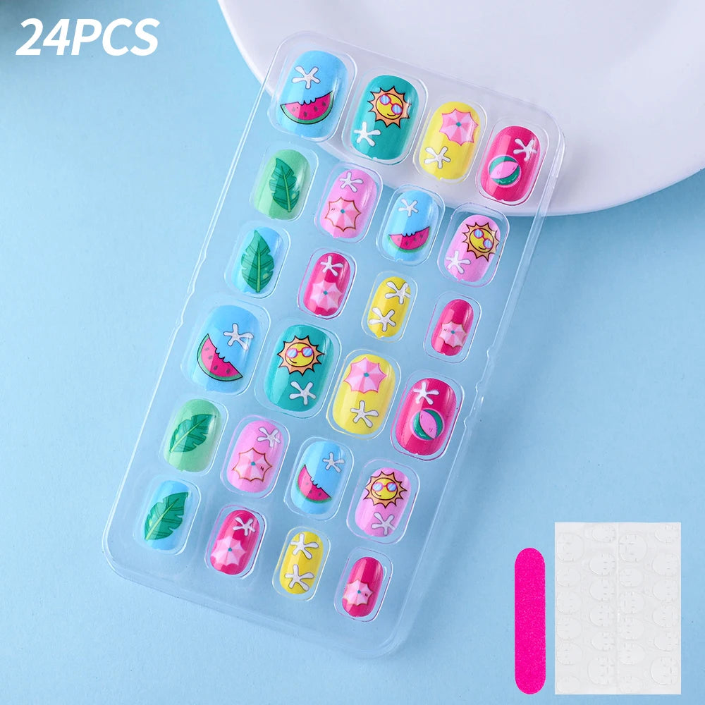 24Pcs/box Kids nails for Girl Cartoon Pattern False Nail Cute Child Fake Nails Tips Kawaii Acrylic Artificial Press on Nail+Tool