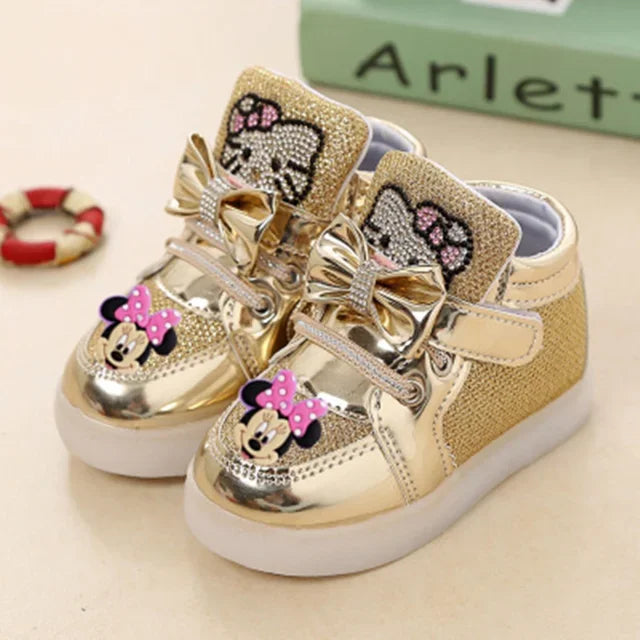 Disney Minnie girl children's sports shoes flashing shoes cartoon LED casual shoes.