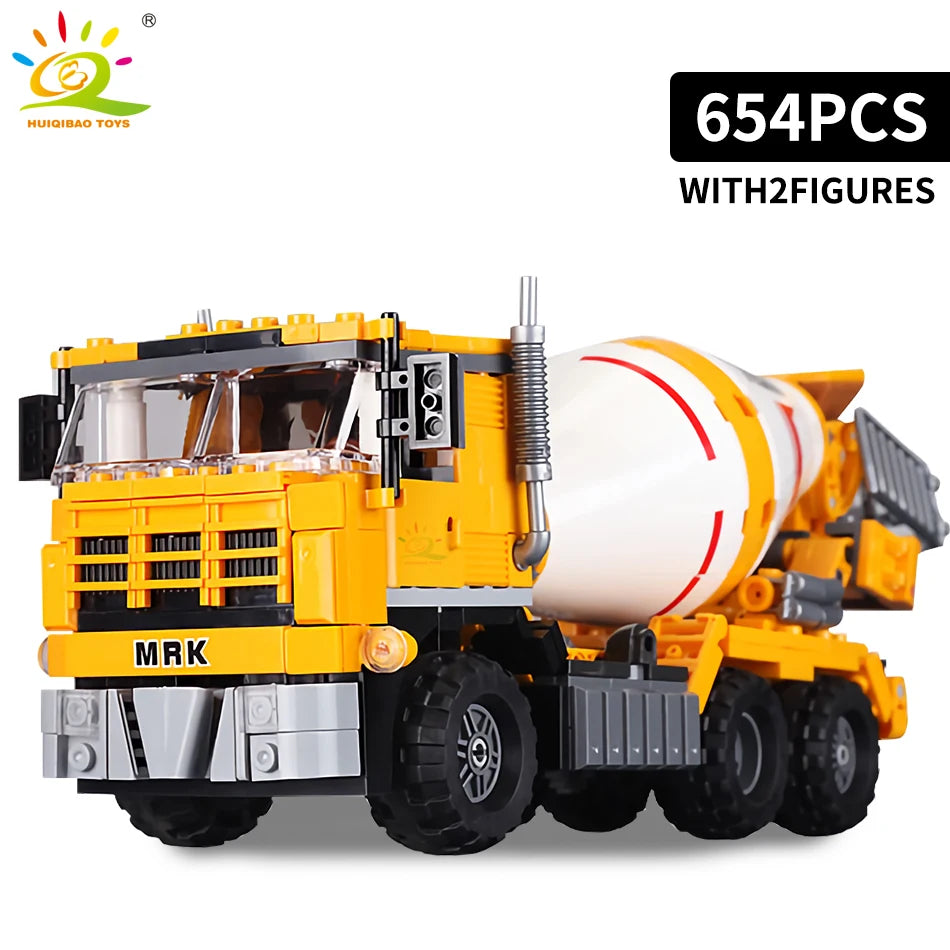 HUIQIBAO Engineering Truck Building Blocks Vehicle Excavator Bulldozer Crane Car Bricks City Construction Toys For Children Boys