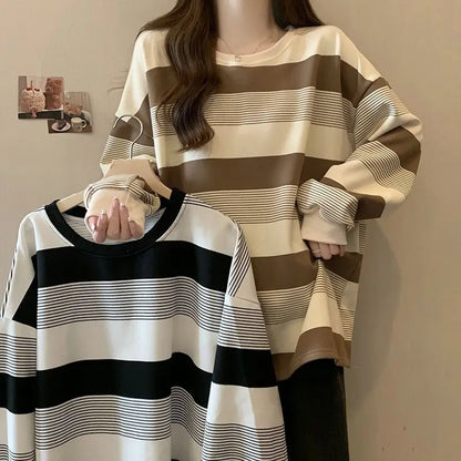 Vintage Striped Thin Hoodies Sweatshirts Spring Autumn Long Sleeve Loose Lazy Style Pullovers Top Casual Fashion Women Clothing.