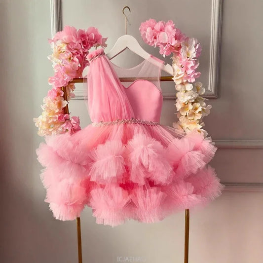 2025Pink Mädchen Sommer Hostess Prinzessin Formale Kleid Kinder Klavier Leistung Outfit Bankett Kleid Blumen Mädchen Hochzeit