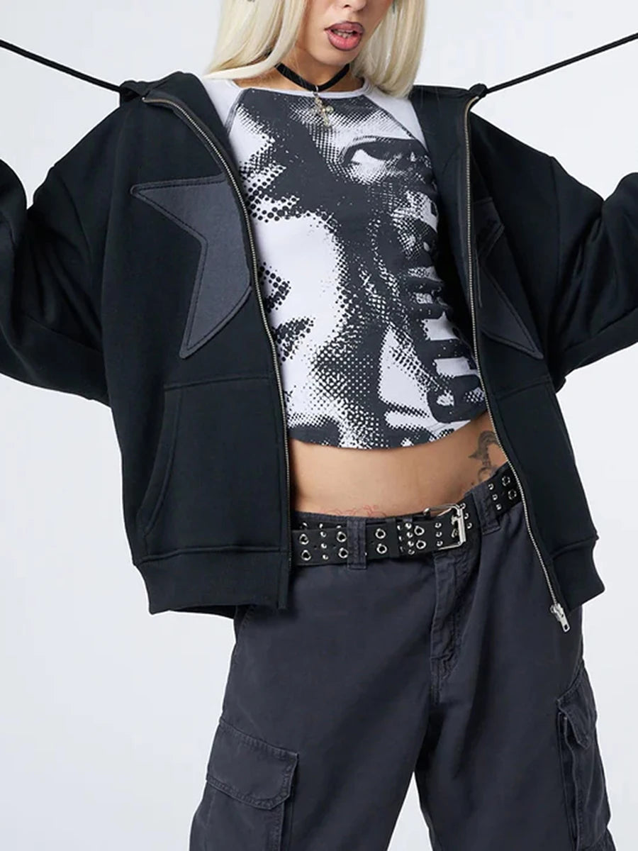 Y2K Vintage Star Print Hooded Hoodie for Women Casual Loose Long Sleeve Zip Up Drawstring Sweatshirts Autumn Spring Coat Street.