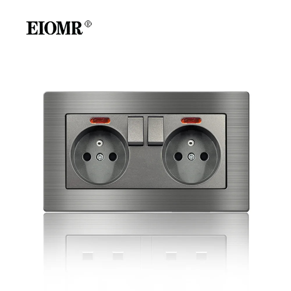 EIOMR Frankreich Standard-Steckdose, graue Aluminiumlegierung, Lichtschalter, RJ45, Fernseher, 220 V, 16 A, Wandsteckdosen für Haushaltsgeräte