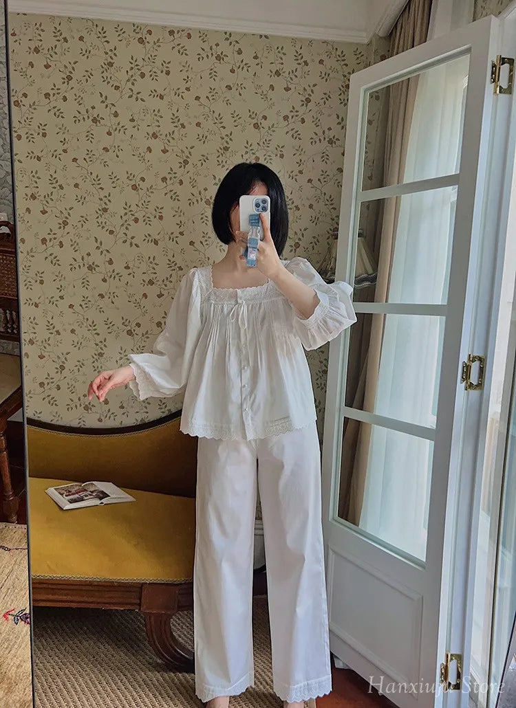 Sweet Spring Autumn Pure Cotton Women's Long Sleeve Pajama Set Loose Female Sleepwear Suits Royal Pyjama Home Wear Plus Size.