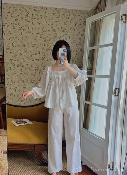 Sweet Spring Autumn Pure Cotton Women's Long Sleeve Pajama Set Loose Female Sleepwear Suits Royal Pyjama Home Wear Plus Size.